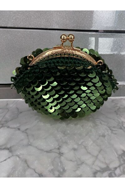 Kadın Yeşil Abiye Cüzdan Parlak Pullu Oval Model