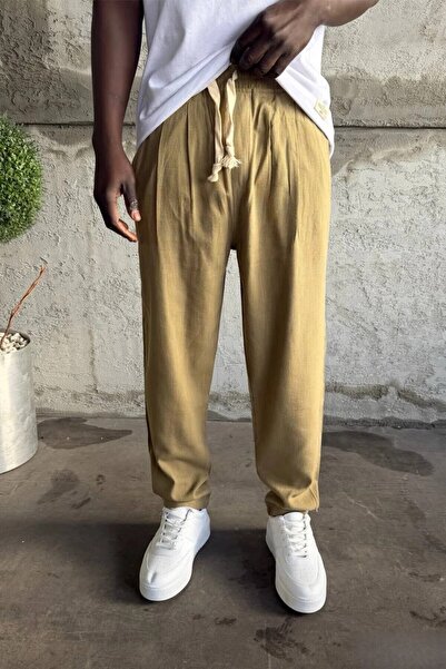 MADZEYMODA Ανδρικό παντελόνι με ελαστική μέση Boyfriend Fit Με πιέτες Khaki Λ...