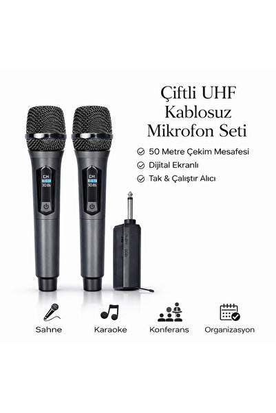 Bubitechh Profesyonel Çiftli Telsiz Mikrofon Seti UHF 50m Sahne Tipi