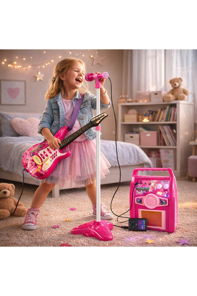 LEAN Chitara electrica roz cu microfon si amplificator