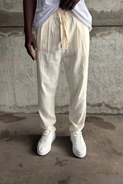 MADZEYMODA Ανδρικό παντελόνι με ελαστική μέση Boyfriend Fit Με πιέτες Λευκό Λ...