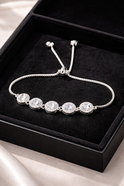 OEM Women's Adjustable Stainless Steel Bracelet, 5 Round Halo Shiny Stones, S...