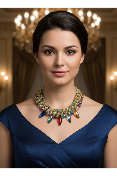 Moda Accessories Gold Chain Detail Colorful Crystal Stone Statement Necklace ...