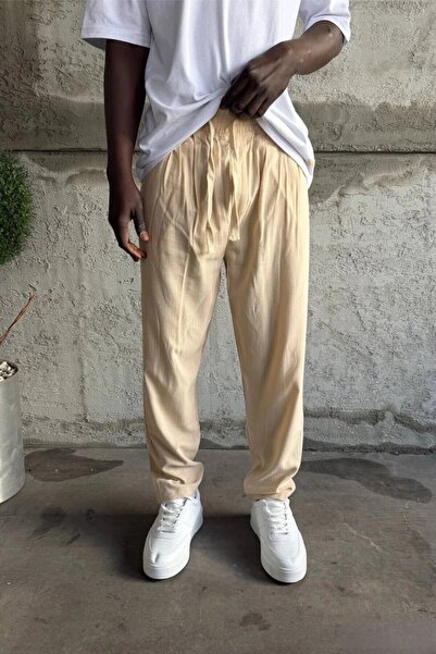 MADZEYMODA Pantaloni pentru bărbați cu talie elastică Boyfriend Mold cu pliur...