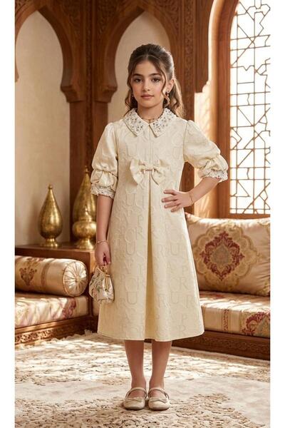 Rawai Roma Girls' jacquard dress with a pearl collar and elegant bow