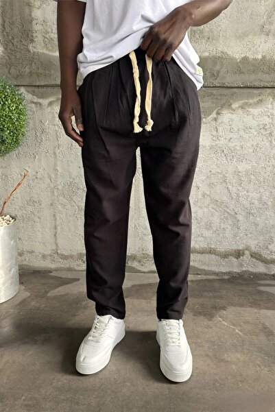 MADZEYMODA Ανδρικό παντελόνι με ελαστική μέση Boyfriend Mold Με πιέτες Μαύρο ...