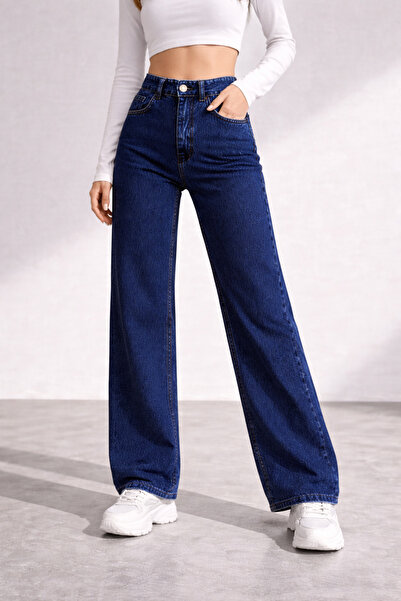 LİMABEL بنطلون جينز نسائي فضفاض عالي الخصر باللون الأزرق الداكن