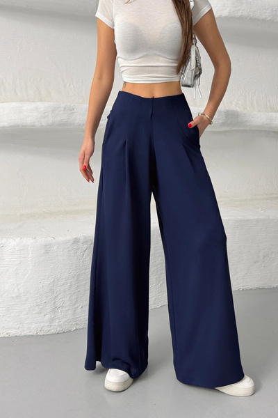 Lusin Women's Navy Blue High-Waisted Wide-Leg Pants with Elastic Waist for Fr...