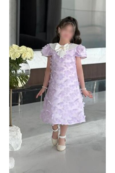 zelia Girls' Lilac Dress with 3D Flower Details and Elegant Bow