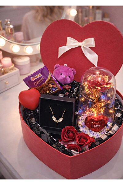 Kalpkutusu Kalp Kutu Romantik Hediye Seti | Işıklı Güllü Cam Fanus, Işıklı Ka...