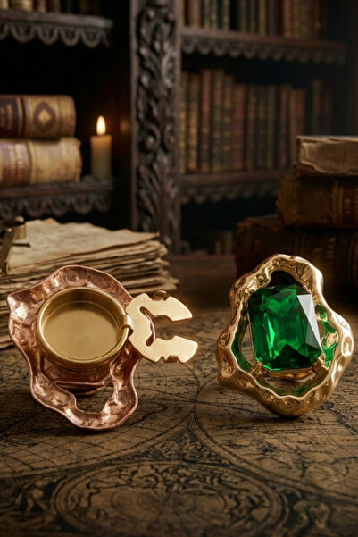 Reoona Zümrüt Yeşili Taşlı Asimetrik Kesim Metal Rosegold Elegant Düğme Broş,...