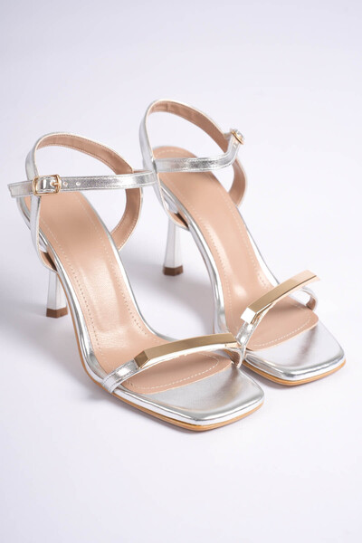 LEVONYA Women's Silver Blunt Toe Shoes Metal Buckle Heeled Shoes