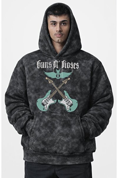 Fuddy Moda Унисекс Guns N' Roses суитшърт с качулка и принт на китара, подход...