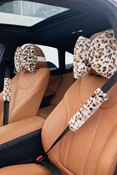 Masalia وسادة رقبة للسيارة وحزام أمان فاخر بتصميم فيونك مكون من طبعة الفهد قط...