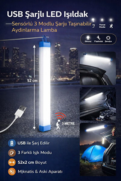 Hane Dostu USB Şarjlı LED Işıldak 52 CM – 3 Modlu Sensörlü, Mıknatıslı ve Ask...