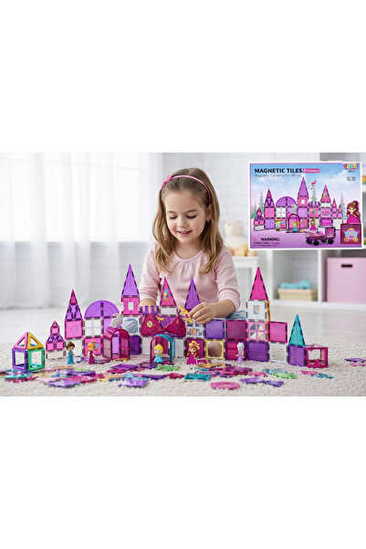 DoviCo Magnetic Tiles Princess Manyetik Yapı Blokları 58 Parça Şato Yapı Seti 3+