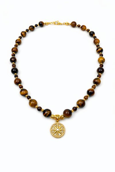 db DİLEK BAŞ TASARIM Tiger's Eye Natural Stone Gold Medallion Women's Necklace