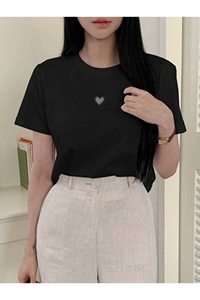 Framgan Kadın Mini Kalp Detay Baskılı Bisiklet Yaka T-Shirt