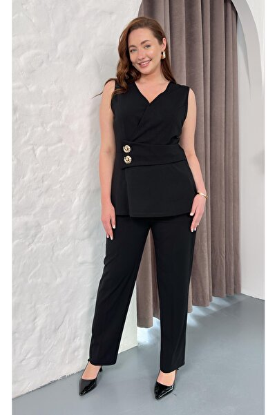 Butik Nilyam Kadın Büyük Beden Kruvaze Yaka Sıfır Kol Çift Broş Detaylı Esnek...