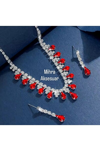 Mihra Aksesuar Kristal Kırmızı Damla Taşlı Özel Yapım Kolye Küpe Seti