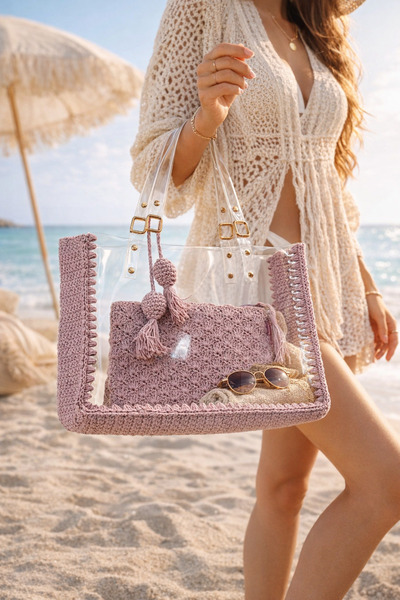 MSM Şeffaf Plaj Çantası Pembe Örgü Detaylı Kadın Yazlık Büyük Boy Omuz Çantas...