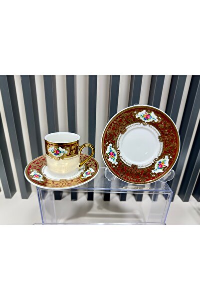 Vakıf home 6 Kişilik Porselen Güllü Kahve Fincan Takımı Gold 12 Parça
