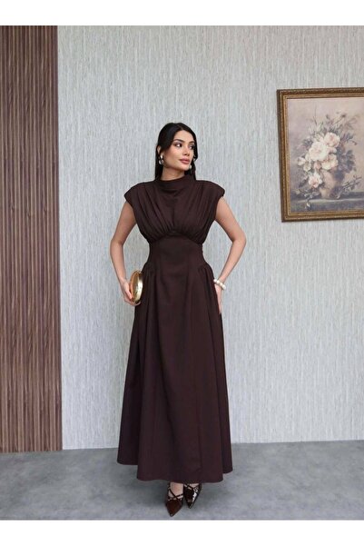 maf collection Γυναικείο καφέ φόρεμα αποφοίτησης με επένδυση στη μέση και λεπ...