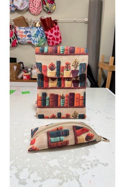 TALKING DREAMS Embroidery Bookcase Patterned Cover Book Case and Pencil Case Set of 2