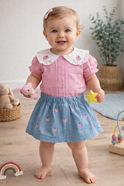 Necix's Çilek Nakış Detaylı Gömlekli etekli Kız Bebek Takımı 9-12ay, 12-18ay