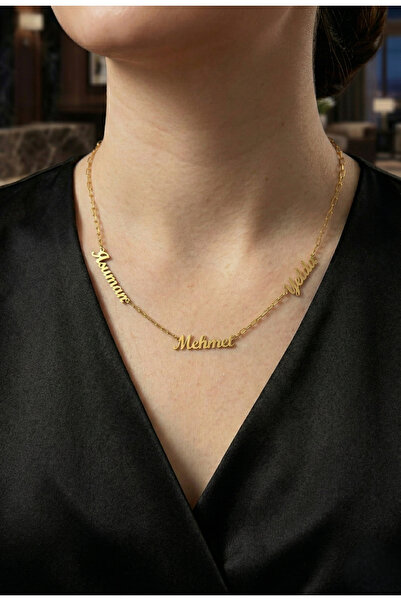 NİŞANTAŞI GÜMÜŞ 925 Ayar Gümüş 3 İsimli Ataç Zincirli Altın Kaplama Kolye - K...