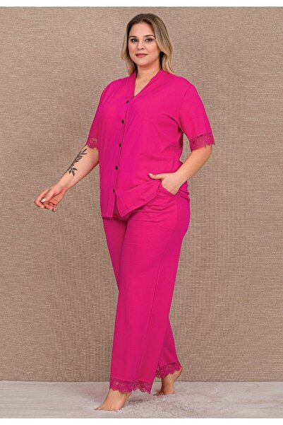 by İGP Pink Cotton Lu Coton Plus Size V-Neck Button-Front Wide-Leg Pajama Set