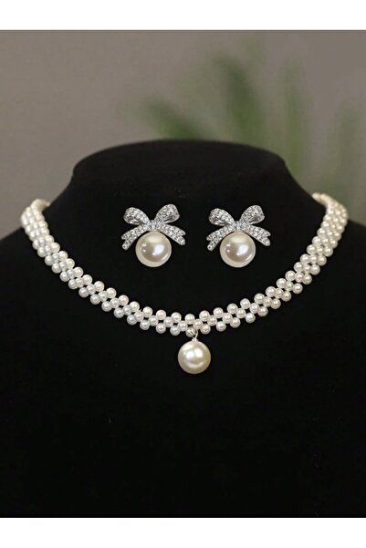 VEYA سلسلة مكونة من طقم إكسسوارات لؤلؤة أنيق وفاخر مكون من قطعتين (قلادة + أق...