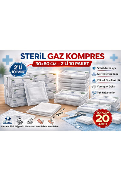 Toptan Bulurum Steril Gaz Kompres 30x80 cm 2'li 10 Paket Tel Tel Spanç Steril...