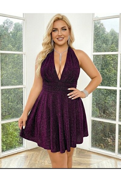 yasorawear MBüyük Beden Mor Simli Şık Gecelik Elbise