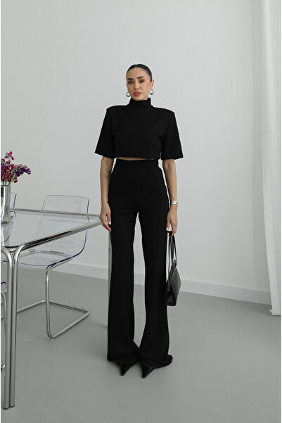 Havoş Set pantaloni negri cu umeri întăriți crop