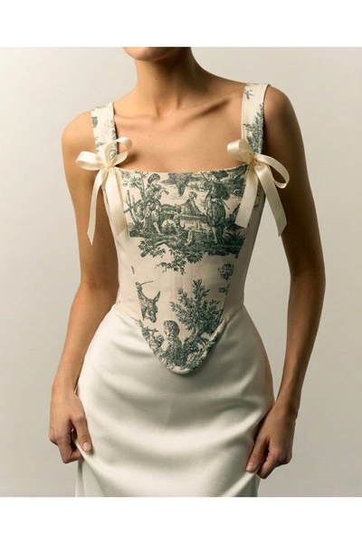 Ahya Designs Ahyâ Yeşil- Ekru Fransız Desenli Tasarım Büstiyer