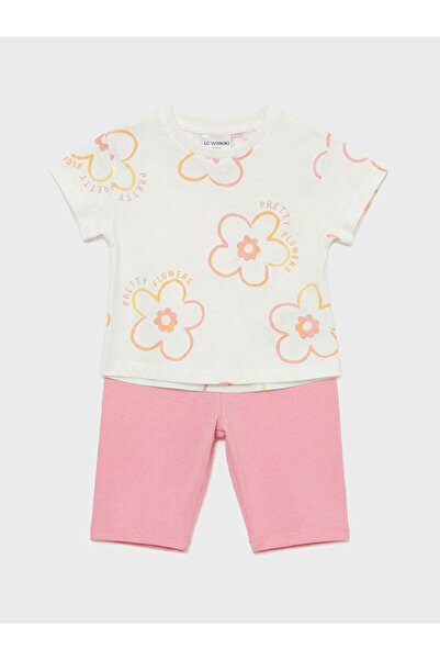 LC Waikiki Ecru floral baby girl t-shirt and leggings