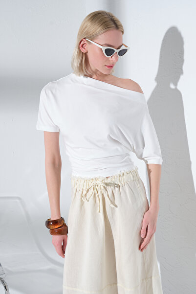 Domoda Γυναικεία πλεκτή μπλούζα με κοντό μανίκι, με λαιμόκοψη σκάφος, απαλή σ...