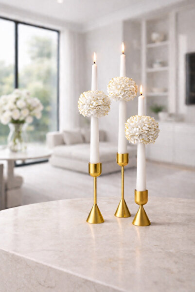 By Şirin Candle 3 lü Gold Detaylı Şakayık Çiçekli Şamdan Mum