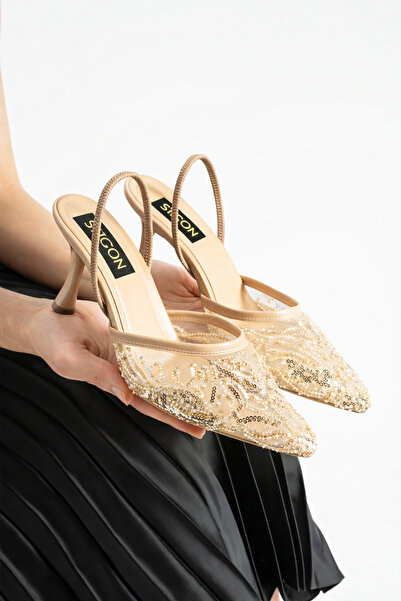 STOCON PERIE Gold Kadın 7 cm Topuklu Pullu Payetli Bantlı Abiye Gelin Düğün A...