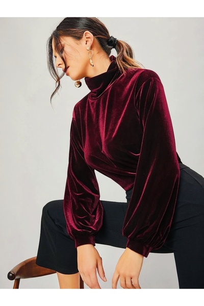 bright moon Kadın bluz ipek Kadife Dik Yaka Uzun Kollu Şık Bluz