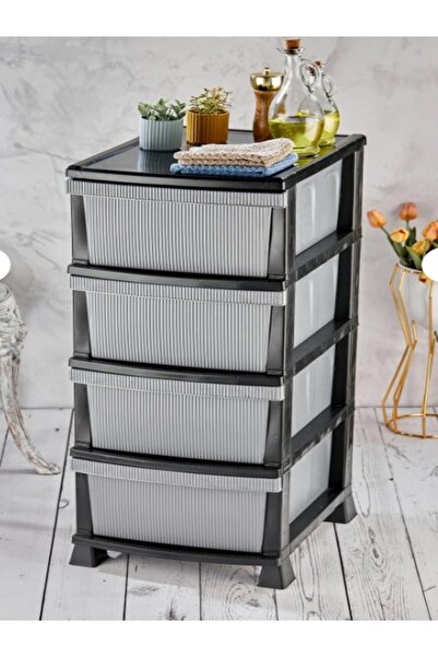 KeSSa 4 Katlı Çekmeceli Çizgi Desenli Kapaklı Plastik Komidin - Sebzelik - Çe...