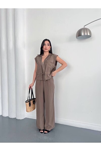 Ekim Store Σετ παντελονιού Y Γιλέκο με κορδόνι στη μέση και φερμουάρ