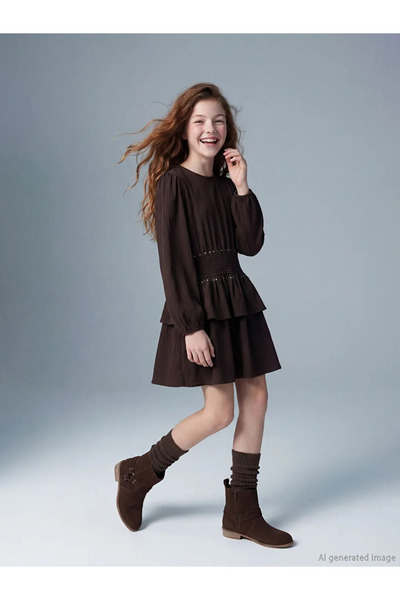 LC Waikiki LCW Kids Brown guler rotund Rochie cu volane cu pietre aplicate pe...