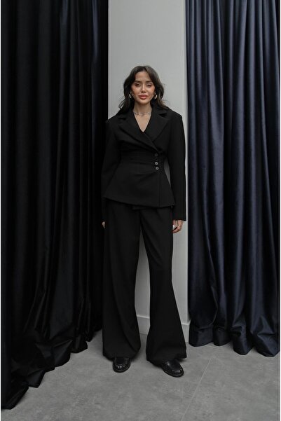 Havoş Μαύρο Σετ Παντελόνι και Σακάκι με Λεπτομέρεια στη Μέση