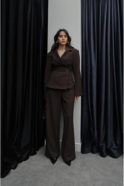 Havoş Καφέ Σετ Παντελόνι και Σακάκι με Λεπτομέρεια στη Μέση