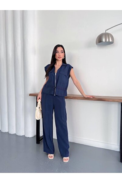 Ekim Store Drawstring Waist Zipper Y Vest Trouser Set