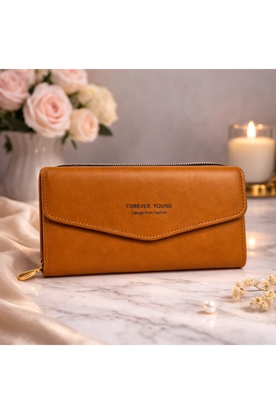 velve Portofel dama din piele ecologica, compartimentare multipla, maro camel...