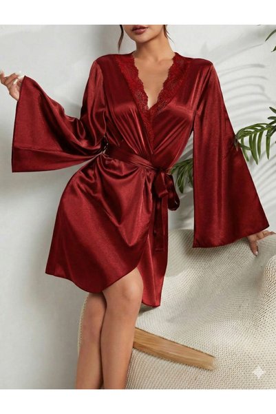sempathy Women's Satin Ruffled Simple and Stylish Short Satin Dressing Gown with Sleeves and Collar Lace Detail