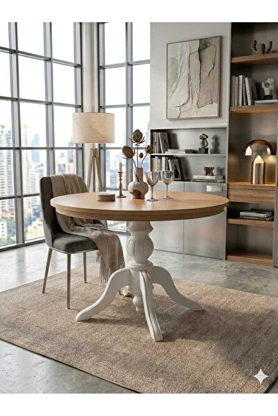 LkAhşap 96 cm Yuvarlak Ahşap Kaplamalı MDF Masa – Beyaz Torna Ayaklı, Klasik & Modern Tasarım – 4 Kişilik